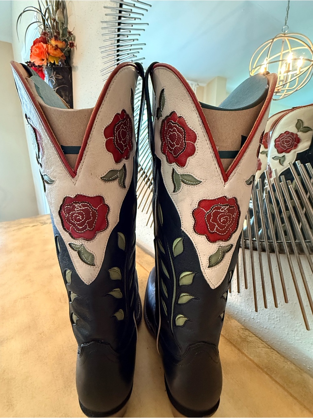Tecovas Black Leather Women's Cowboy Boots with Red Rose Embroidery scarf. - Picture 7 of 16